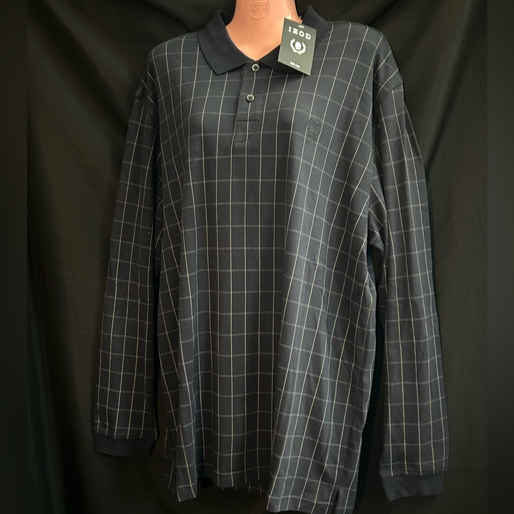 Izod Men’s Navy Long Sleeve Plaid Print Polo Shirt XL NWT